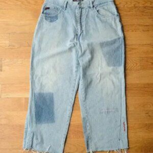 FUBU Light Wash Baggy Loose Fit 90s Hip Hop Blue Jeans W36 Distressed Raw Hem